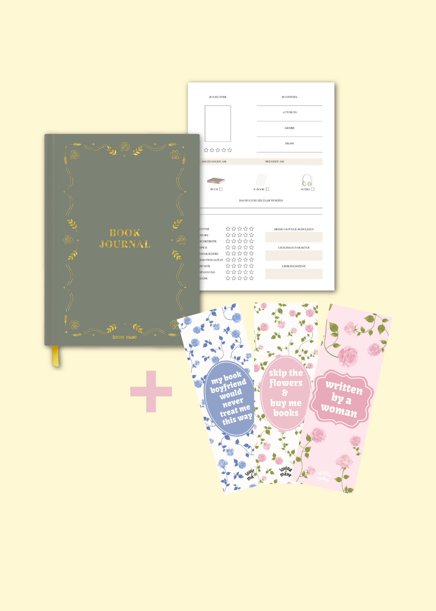 Spar-Set Book Journal (grün) + 3er Lesezeichen Bundle "Rosen"